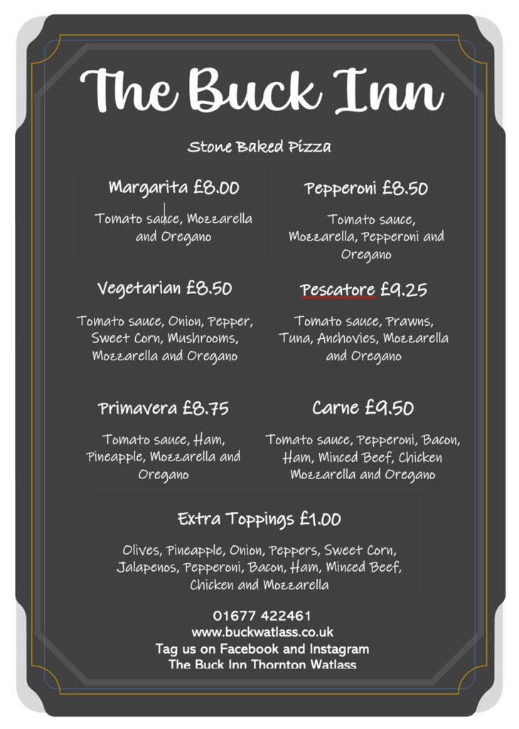 Stone Baked Pizza Menu The Buck Inn